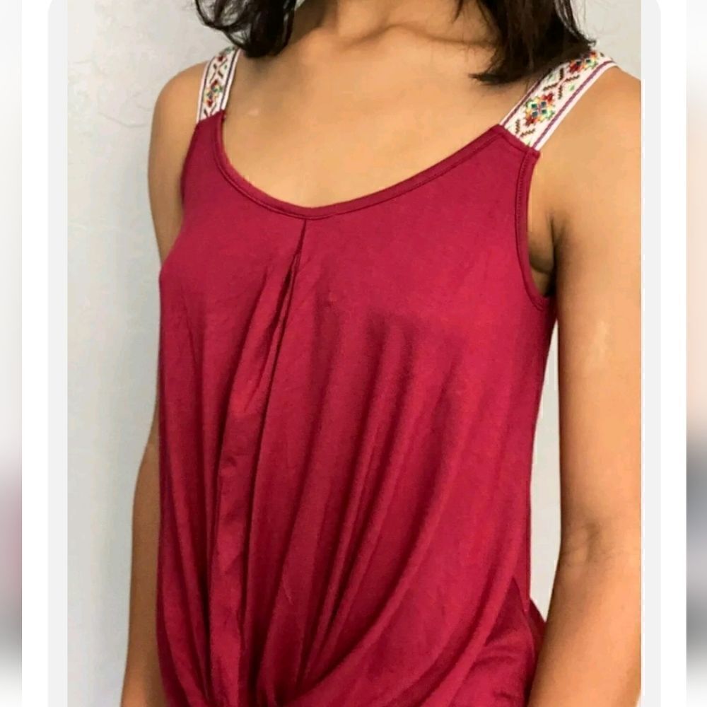 Sleeveless Rouged Front Embroidered Strap Top Size M
